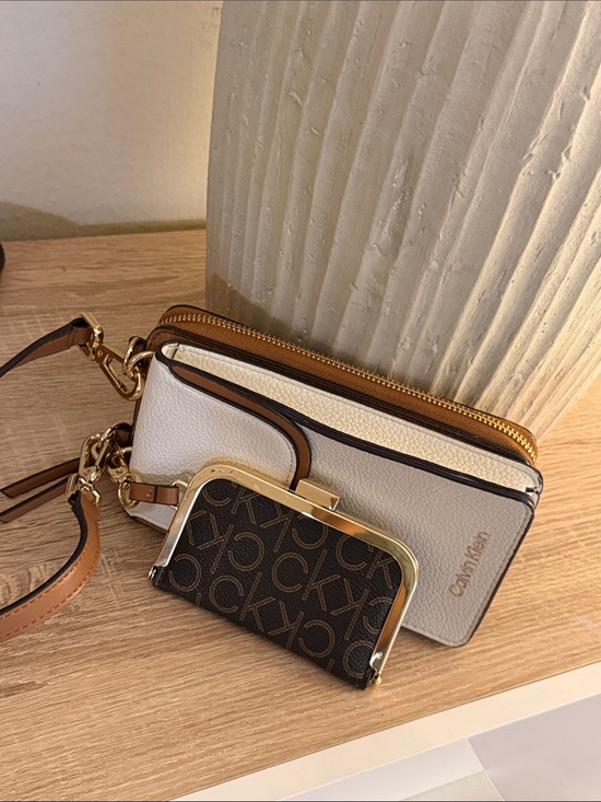 Calvin Klein Handbags - 3-piece Calvin Klein Cream and Tan Crossbody Wallet with Monogram Coin Pouch
